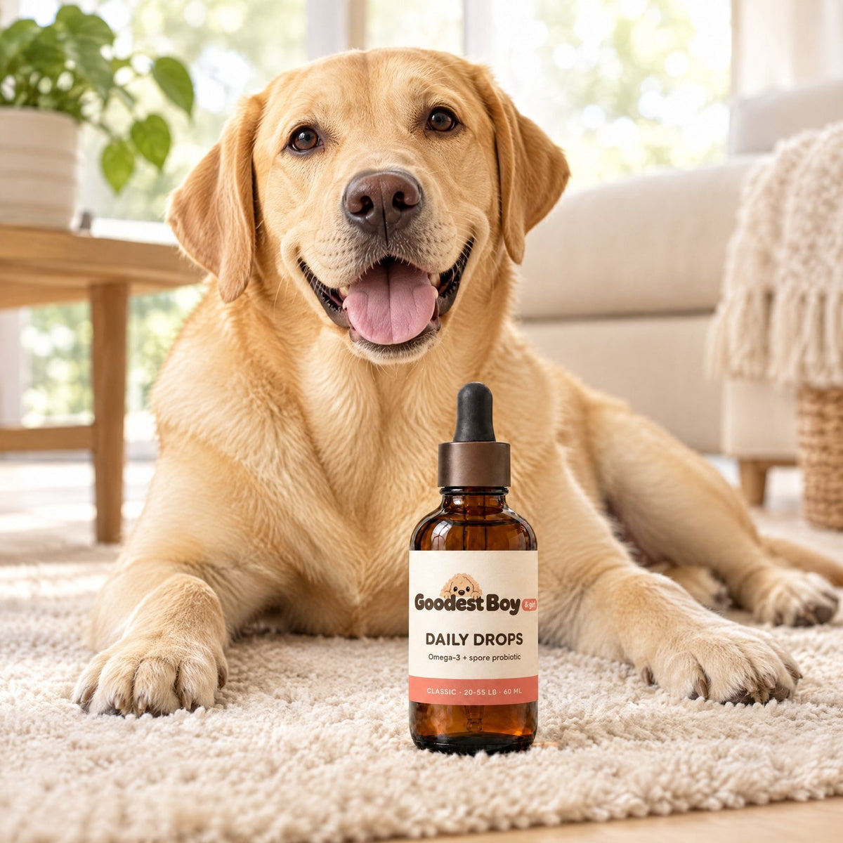 Yellow Lab with the bottle